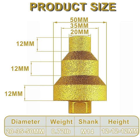 Diamond core drill bit, model TNDCKP, stepped 20-35-50 mm tip, gold finish, M14 shank, for stone, concrete, tile.