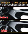 Before and after images of fixed scratches using Wheel Repair Kit With Touch Up Paint For Curb Rash And Scratches In Light Silver.