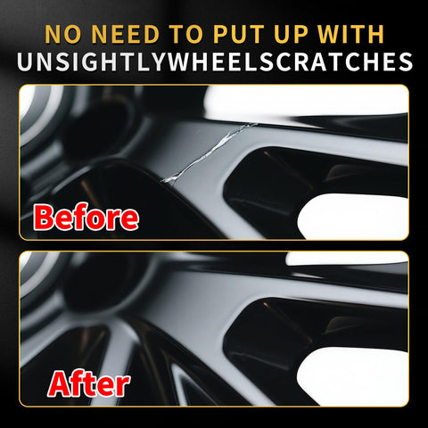 Before and after images of fixed scratches using Wheel Repair Kit With Touch Up Paint For Curb Rash And Scratches In Light Silver.