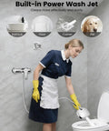 Woman cleaning toilet with High Pressure Handheld Shower Head With Filter, 7 Modes, Anti Clog Nozzles, Built In Power Wash For Tub Cleaning