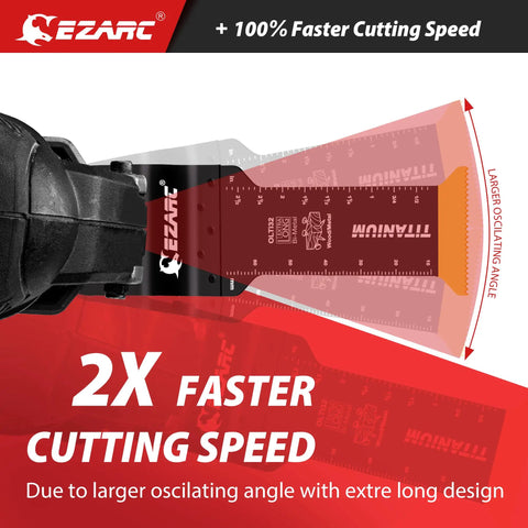 Titanium Oscillating Saw Blades Set For Metal Wood Nails Screws And Plastic Two And Three Quarter Inch Reach showing cutting angle