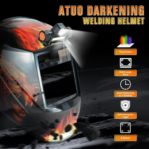 Large View Auto Darkening Welding Helmet With Led Light Solar Powered True Color Viewing Lens Four Arc Sensors Wide Shade
