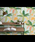 Tropical Botanical Vinyl Wallpaper Featuring Subtle Leather Texture Built Different Heavy Duty Commercial Grade Finish Custom Printed with green botanical pattern.
