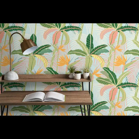 Tropical Botanical Vinyl Wallpaper Featuring Subtle Leather Texture Built Different Heavy Duty Commercial Grade Finish Custom Printed with green botanical pattern.