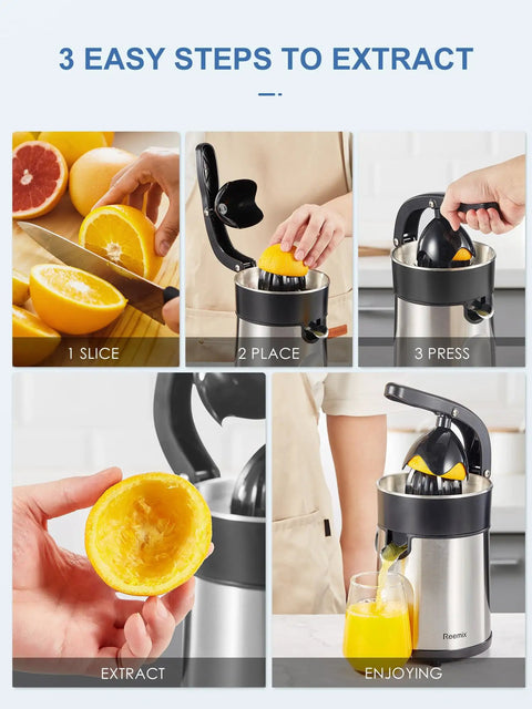 Ditch the Squeeze Work! This Electric Citrus Juicer Boasts A Powerful Motor And Two Interchangeable Cones for easy orange extraction.