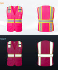 Top Level High Visibility Safety Vest With Bold Reflective Strips And Plenty Of Gear Pockets For Daily Grind featuring day and night views.