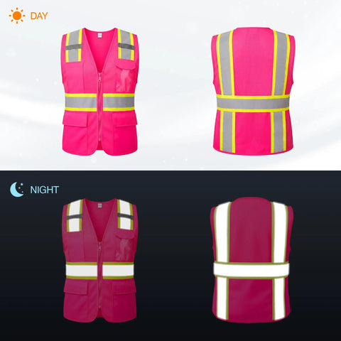 Top Level High Visibility Safety Vest With Bold Reflective Strips And Plenty Of Gear Pockets For Daily Grind featuring day and night views.