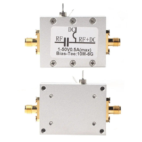 Front and back view of Two Pack Broadband Bias Tee Module 10 MHz To 6 GHz RF Microwave Coaxial Bias For Low Noise Amplifier Applications
