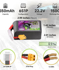 Dual Pack 22.2V 1550mAh 150C LiPo Battery With XT60 Plug dimensions and specifications for FPV drones