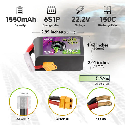 Dual Pack 22.2V 1550mAh 150C LiPo Battery With XT60 Plug dimensions and specifications for FPV drones