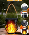 Four Pack Solar Lanterns With Flickering Flame, Outdoor Waterproof Hanging Lights, Rustic Hemp Rope Handle, product details shown