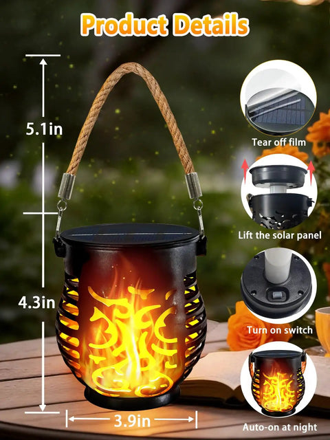 Four Pack Solar Lanterns With Flickering Flame, Outdoor Waterproof Hanging Lights, Rustic Hemp Rope Handle, product details shown