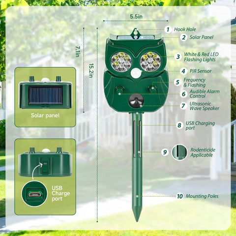 Solar Owl Motion Sensor Deterrent With Ultrasonic Sound And LED Flash Alerts For Outdoor Use Protect Your Garden Yard Patio And Perimeter From Pests Easy Setup Motion Activated Safe For Pets, green solar owl stake