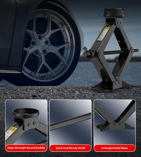 Heavy Duty 2.5 Ton Scissor Car Jack Kit With Tesla And Universal Pads Built Tough showing solid base and sturdy shaft