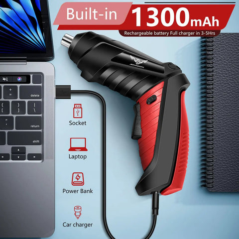 Killer 3.6V Cordless Electric Screwdriver Kit with Mini Drill Bits charging via laptop USB with 1300mAh battery.