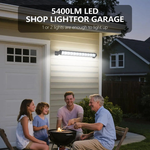 Installed Crazy Bright 24W LED Shop Lights 5400 Lumens 6000K Daylight White illuminates garage during family barbecue