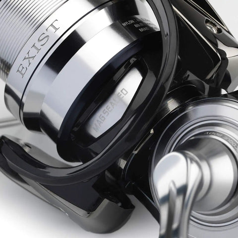 Close-up of Exist LT 2500-XH Spinning Reel Right Hand showcasing smooth drag, MagSealed bearings, and lightweight build.