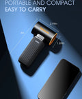 Portable and compact cordless air duster with dimensions, shown next to smartphone. Powerful Cordless Air Duster With Brushless Motor 260000 RPM 3 Speed Adjustable Rechargeable Dust Cleaner For Keyboard Computer Car And Outdoor Use A Real Beast At Blasting Dust.