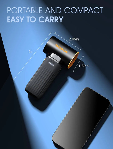 Portable and compact cordless air duster with dimensions, shown next to smartphone. Powerful Cordless Air Duster With Brushless Motor 260000 RPM 3 Speed Adjustable Rechargeable Dust Cleaner For Keyboard Computer Car And Outdoor Use A Real Beast At Blasting Dust.