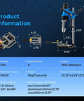 Benchtop Drill Press For Woodworking With Square Hole Mortising Converts Into A Mortiser With Square Bit, dimensions shown.