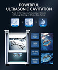 No Sweat Digital Ultrasonic Cleaner With Ample 3L Tank And Degas Plus Gentle Modes showcasing powerful cleaning features with glasses and jewelry.