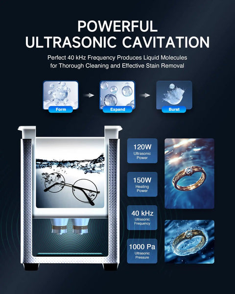 No Sweat Digital Ultrasonic Cleaner With Ample 3L Tank And Degas Plus Gentle Modes showcasing powerful cleaning features with glasses and jewelry.