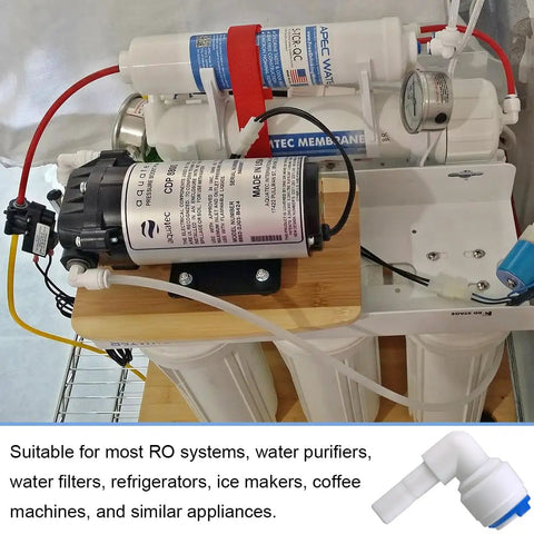 12 Pack 1/4 Inch Water Tubing 90 Degree Elbow Connectors Push Fit Quick Connectors For Reverse Osmosis seen in RO system setup.