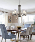 5 Light Brushed Nickel Chandelier With Clear Glass Shades For Dining Room Kitchen Island Foyer Plus More Modern Traditional Pendant Lighting Fixture For Any Space above dining table