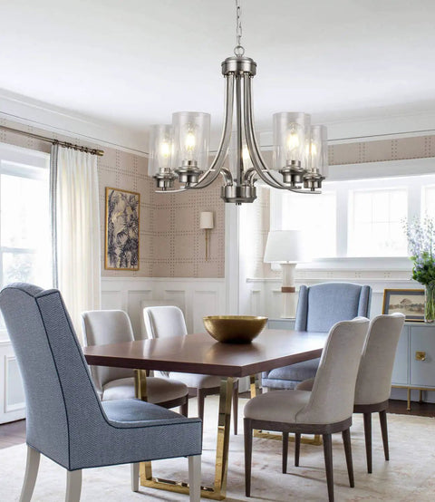 5 Light Brushed Nickel Chandelier With Clear Glass Shades For Dining Room Kitchen Island Foyer Plus More Modern Traditional Pendant Lighting Fixture For Any Space above dining table