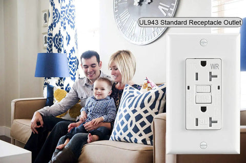 20 Amp Weather Resistant GFCI Duplex Wall Outlet with LED Indicator Self Test Reset Feature installed in living room wall.