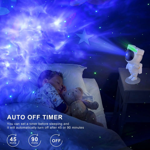Nebula Star Projector Galaxy Light With Remote And Timer illuminating bedroom with a dreamy galaxy scene, child sleeping peacefully.