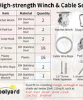 Shade Sail Hardware Kit All In One Ratchet Winch And Cable Rope Tightener For Rectangle Square And Triangle Shade Sail Installations Includes Pad Eyes Snap Hooks Wires Anchors And Complete Hanging Kit No Fuss Easy Install chart and components display