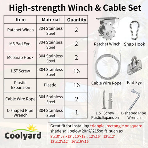 Shade Sail Hardware Kit All In One Ratchet Winch And Cable Rope Tightener For Rectangle Square And Triangle Shade Sail Installations Includes Pad Eyes Snap Hooks Wires Anchors And Complete Hanging Kit No Fuss Easy Install chart and components display
