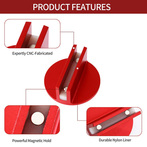 Grooved Pinch Weld Jack Pad With Magnetic Puck And Slotted Frame Rail Guard For Cars, SUVs, Trucks, And Pickups, Heavy Duty Aluminum Floor Jack Adapter, Red, showing product features like powerful magnetic hold and durable nylon liner.