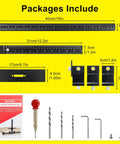 Precision Aluminum Hardware Drilling Jig Drill Template For No Sweat Cabinet Pull Setup With Built In Sight Lines package contents and measurements.