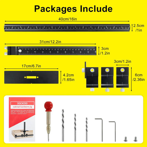 Precision Aluminum Hardware Drilling Jig Drill Template For No Sweat Cabinet Pull Setup With Built In Sight Lines package contents and measurements.