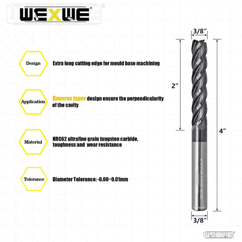 Extra Long Carbide Square End Mill 4 Flute 3/8 Inch Shank Built To Cut Alloy Steels Cast Iron And Hardened Steel MAH Coating High Precision Milling Cutter For Long Reach Tough Jobs