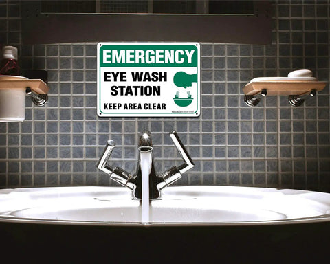 Front view of Two Pack Emergency Eye Wash Station Sign Keep Area Clear Sign 10 By 7 Inches Rust Free Aluminum UV Protected above sink