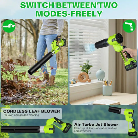 Beast 21V Cordless Leaf Blower with 2 Batteries and Charger, Woman Blowing Leaves and Dust Indoors with Turbo Brushless Motor