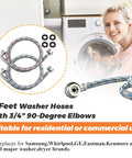 Heavy-Duty Stainless Steel Washing Machine Hoses 4 Ft With Three Quarter Inch 90 Degree Elbows Red And Blue 2 Pack Burst-Proof Hot And Cold Water Lines For A Workhorse Laundry Setup With 10 Year Warranty, shown with washer and woman
