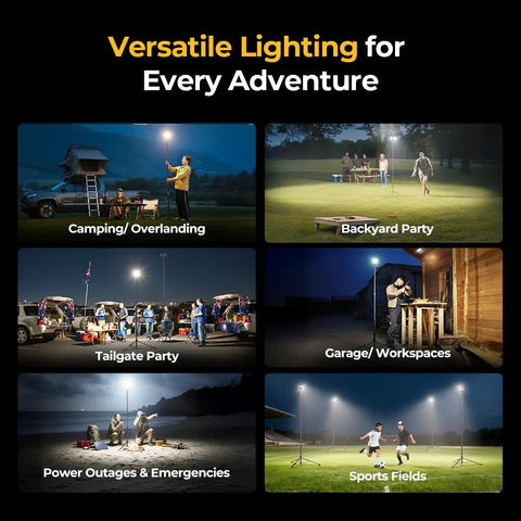 Telescoping Camping Light With 3200 Lumens LED Lantern illuminating various outdoor activities and workspaces.