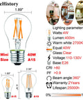 Diagram of Dimmable A15 LED Bulb 4W Equal 40W, E26 Base with specifications, features, and usage for appliances and ceiling fans.