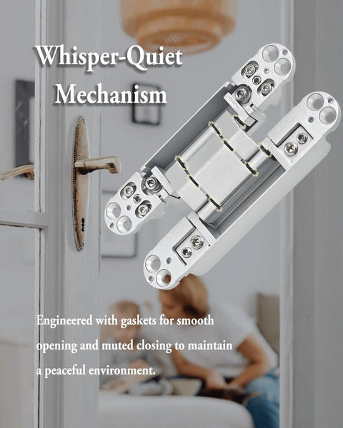 Heavy Duty Hidden Door Hinges 2 Pack, 6 Inch Concealed Hinge showing whisper-quiet mechanism for secure doors.
