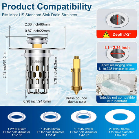 Universal Bathroom Sink Drain Strainer With All Metal Pop Up Stopper And Removable Stainless Steel Filter Basket, sized for standard sinks.