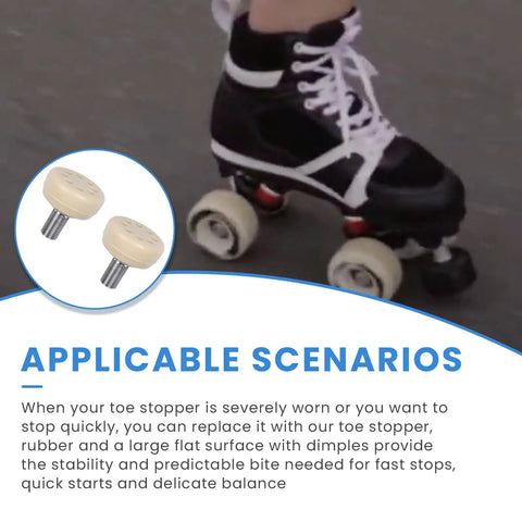 Rubber Roller Skate Toe Stops 2 Pack for Easy Front Mount Brakes with dimples on roller skates on asphalt