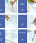 Clear Plastic Table Cover Protector 60x36 inches showing features: waterproof, heat resistant, easy to wipe, soft and elastic.