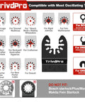 Front view of TrivdPro 100pc oscillating tool blade kit with metal/wood/plastic blades and compatibility icons