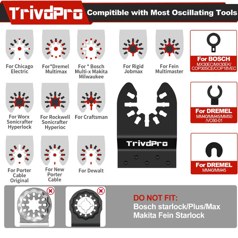 Front view of TrivdPro 100pc oscillating tool blade kit with metal/wood/plastic blades and compatibility icons