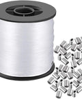 Spool of 0.9mm clear nylon wire with aluminum crimping sleeves, Clear Invisible Hanging Wire 0 Point 9 Millimeter Pro Grade That Holds Up To 60lbs 656 Feet Nylon Thread For Beading And Ornament Projects Includes 60 Aluminum Crimping Sleeves Hanging Kit For Picture Frames And String Lights.