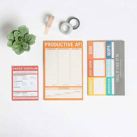 Paper Tantrum Nifty Note Pad Classic Edition With 50 Sheets, 4x5.25 Inches set with succulent and tape on desk